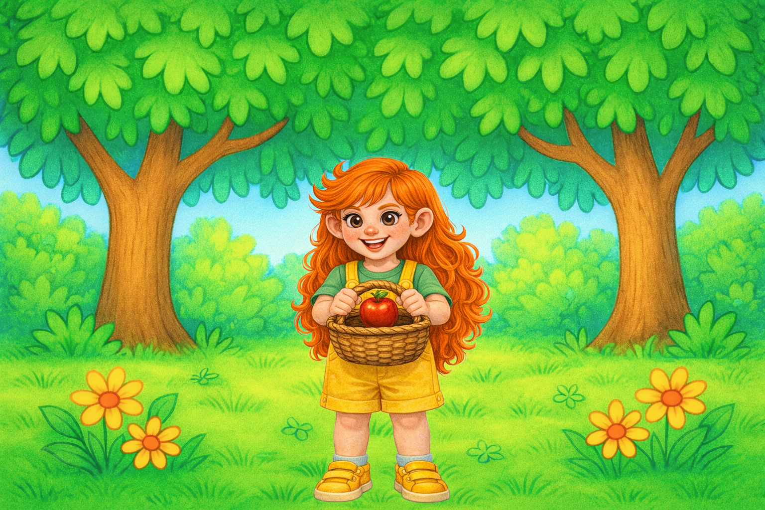 Emma playing an apple-catching game in the Tumblethorn world