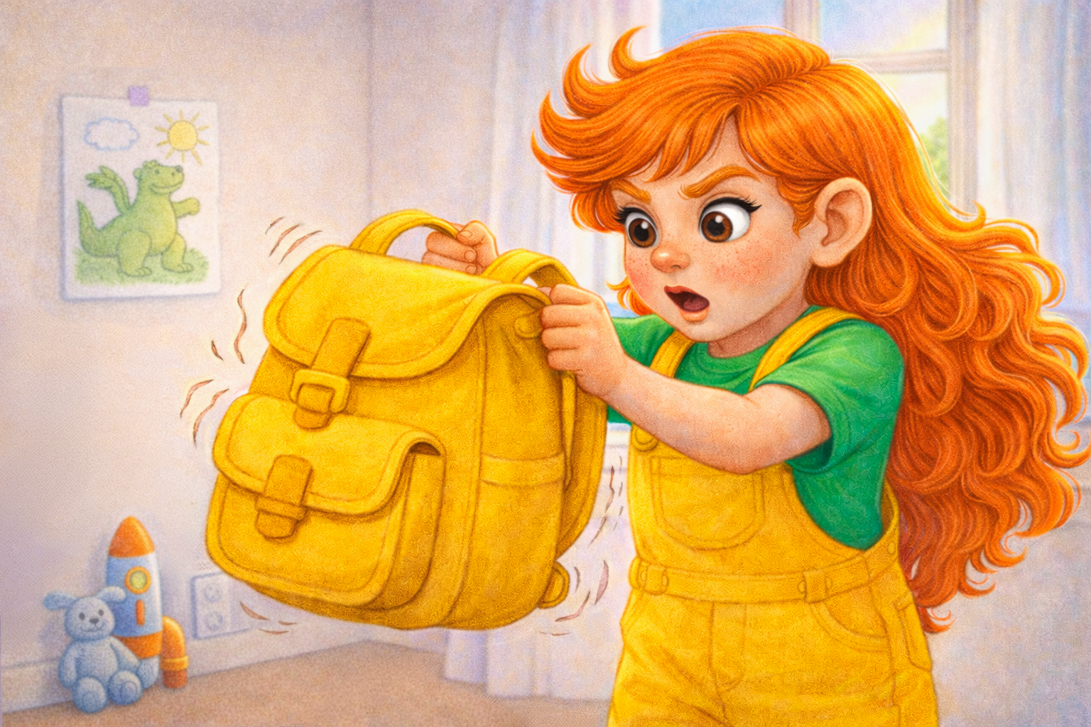 Emma holding her moving backpack