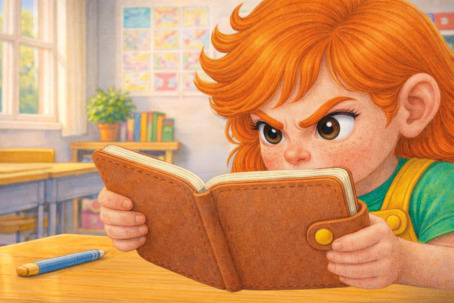 Emma reading from her notebook