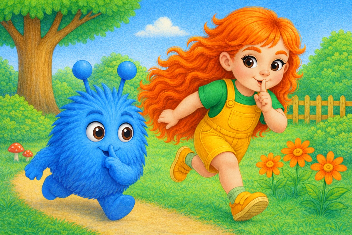 Emma and Tumble running along a sunny garden path, each holding a finger to their lips to keep a secret.