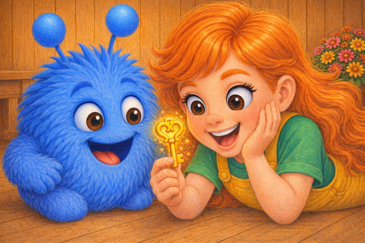 Emma and Tumble examining a sparkling golden key together.